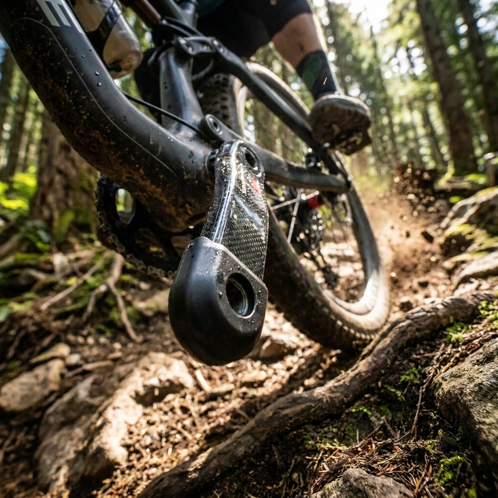 SRAM Eagle Kurbelarm Schutz an Carbon-Kurbel eines Mountainbikes auf einem wurzeligen Waldweg.
