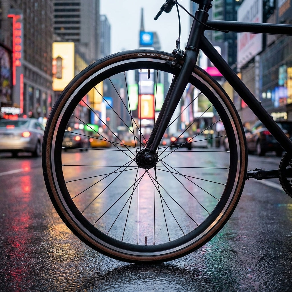 Fahrrad mit Continental Grand Prix Urban Reifen (schwarz-transparent mit Reflexstreifen) auf nasser Stadtstraße.