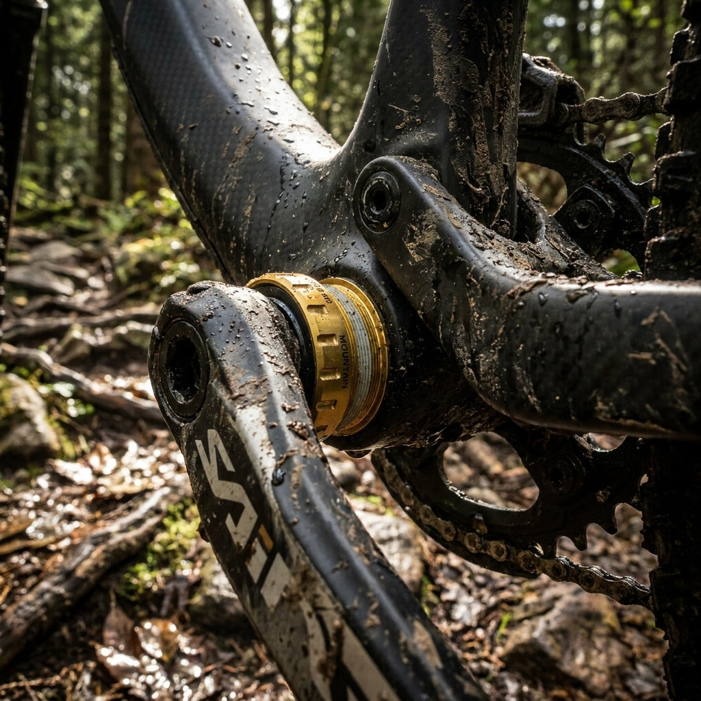 Schlammiges Mountainbike mit goldenem SHIMANO SAINT BB80 BSA Innenlager. Robuster Hollowtech-II-Antrieb.
