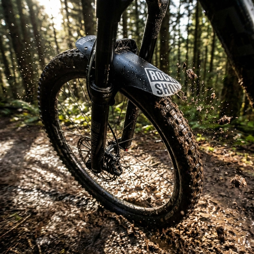 Rockshox VR-Steckblech Fender am MTB-Vorderrad, spritzt Schlamm & Wasser auf sonnigem Waldtrail.