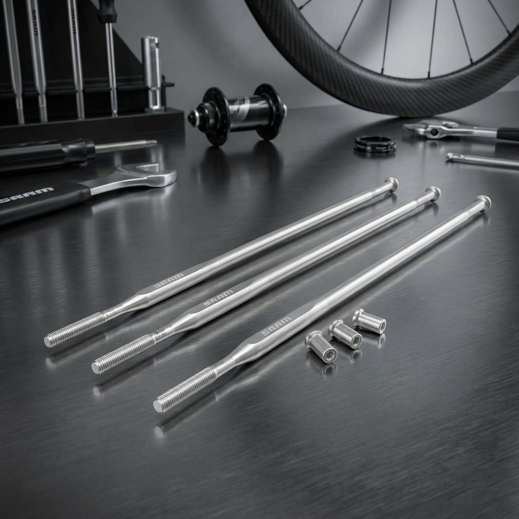 Präzise Laufrad-Performance: 3 SRAM S80 Speichen/Nippel 236mm silber, vorne, mit Werkzeug und Radnabe.