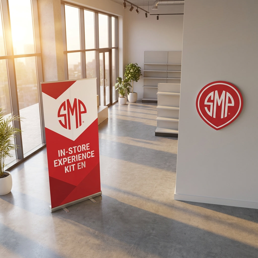 SMP In-Store Experience Kit: Professionelles rot-weißes Banner und Logo Schild für Einzelhandel. Stärkt Markenpräsenz.