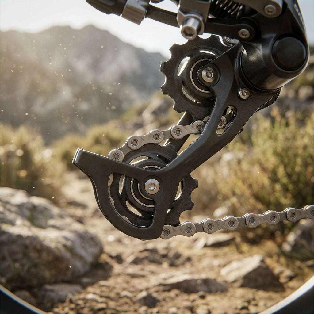 SRAM Schaltrollen Set X.0/X9/X7 10-fach am Mountainbike auf staubigem Trail für präzise Schaltperformance.