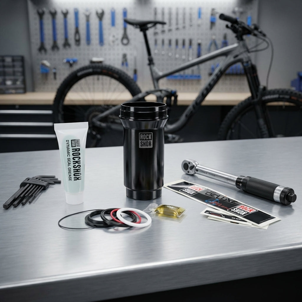Schwarze RockShox Solo-Air Luftkammer für Deluxe/Super Deluxe Dämpfer mit Service-Kit und Werkzeug auf Werkbank.