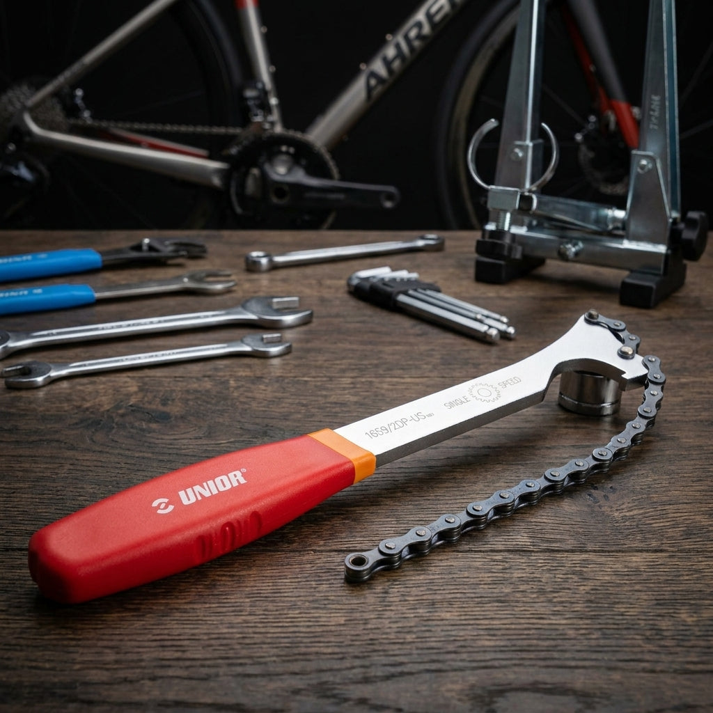Unior Kettenpeitsche 1659-2DP-US Singlespeed rot auf Holztisch mit Fahrradwerkzeug und Fahrrad im Hintergrund.