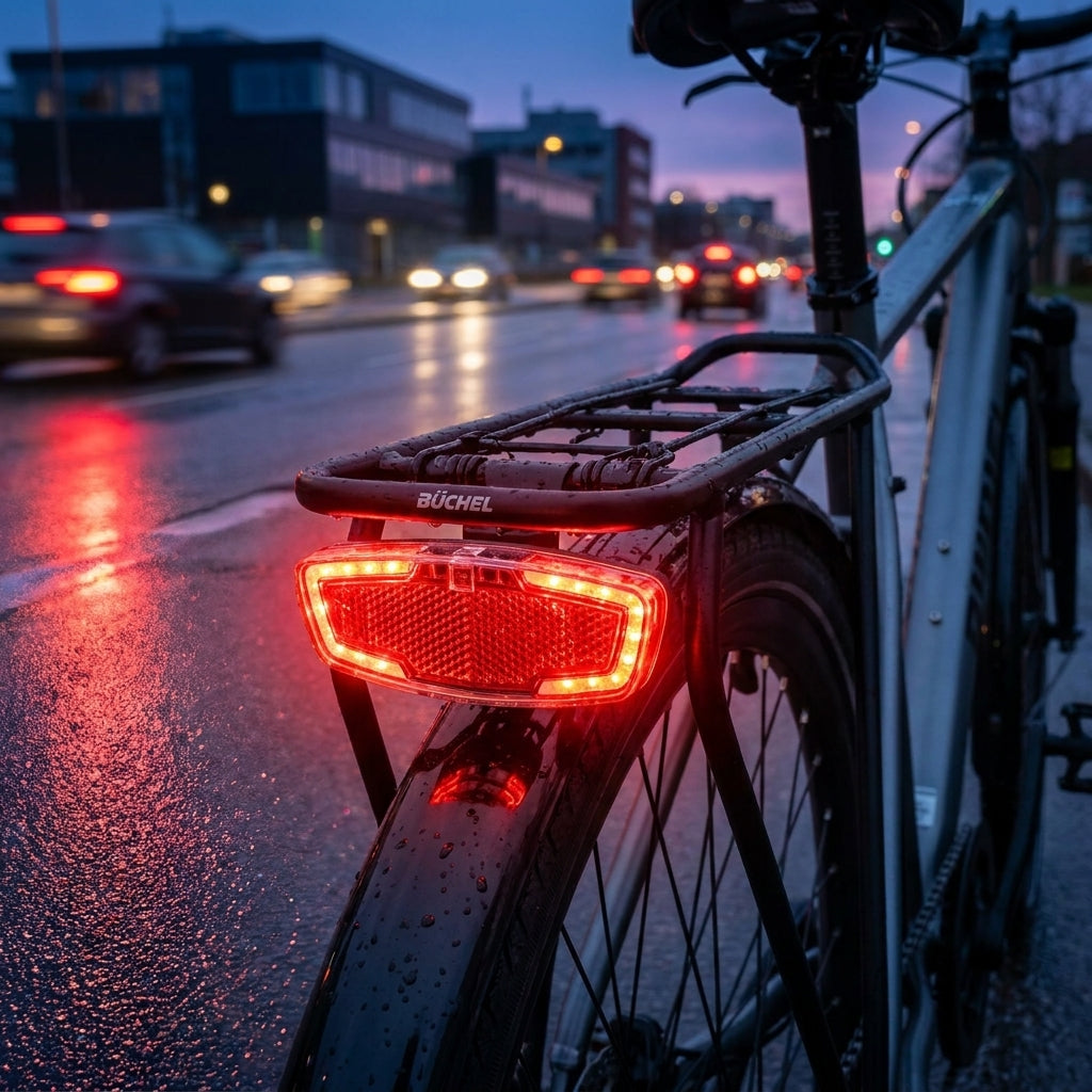 Büchel Wing LED-Rücklicht mit Standlicht für Gepäckträger, StVZO, leuchtet auf nasser Straße in der Dämmerung.