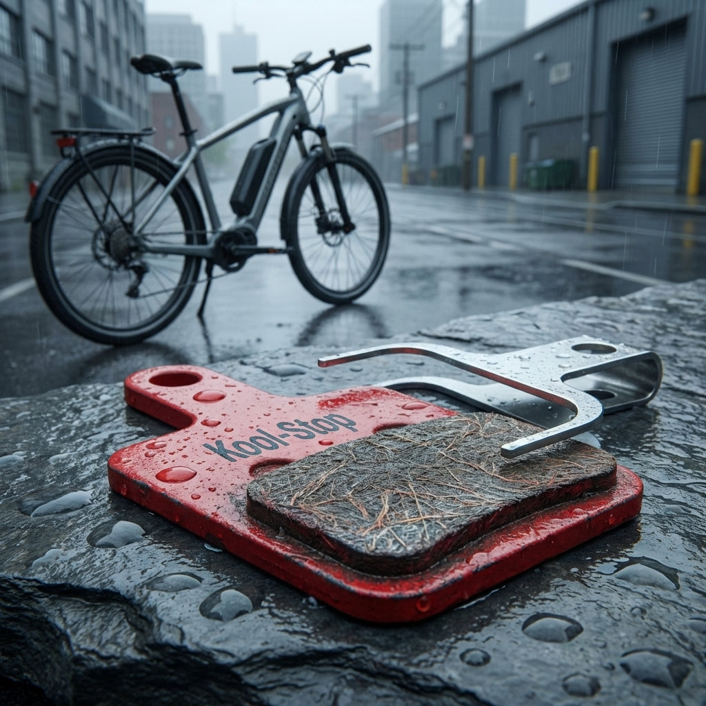 Roter Kool Stop Scheibenbremsbelag RE-D735 mit Feder auf nassem Stein vor E-Bike im Regen.