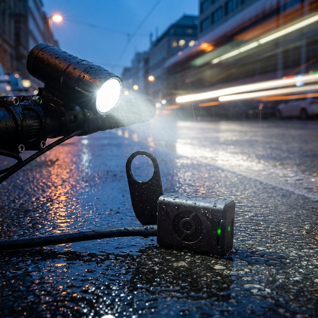 Supernova USB-C Ladelösung mit Power Connector für Fahrradbeleuchtung im Regen.