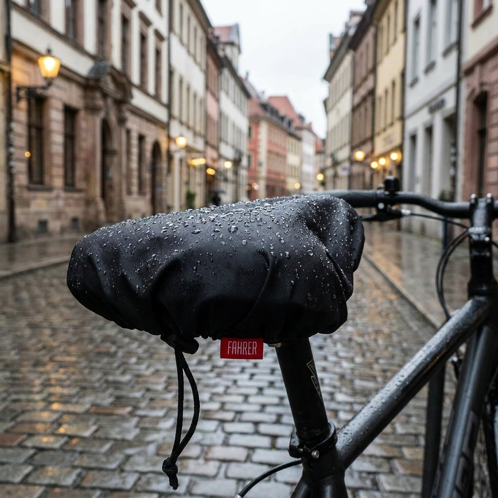 Fahrer Sattelschutz Kappe schwarz, wasserdichter Regenschutz für Fahrradsattel mit Wassertropfen im Regen.