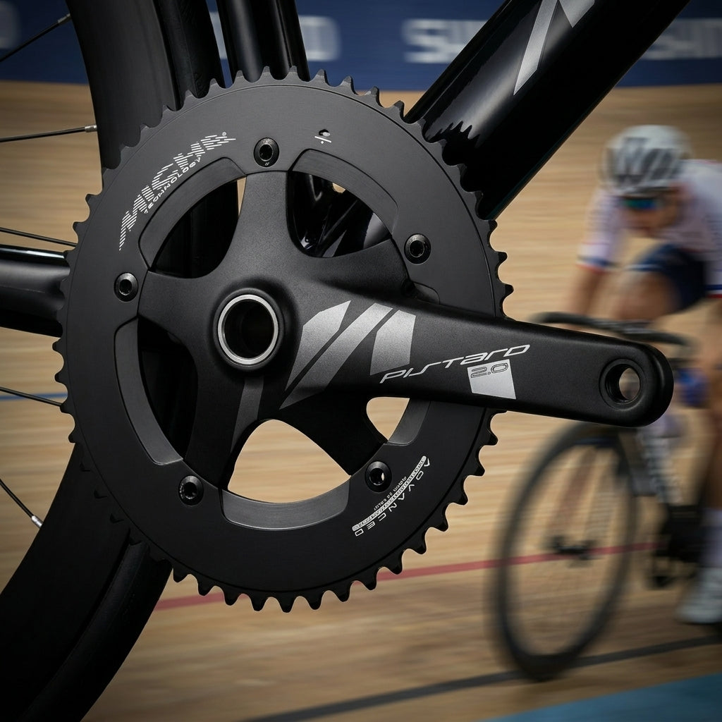 Miche Pistard 2.0 Kurbelgarnitur, 56 Zähne, 170mm, BCD 144, für Bahnrad auf Velodrom mit Radfahrer.