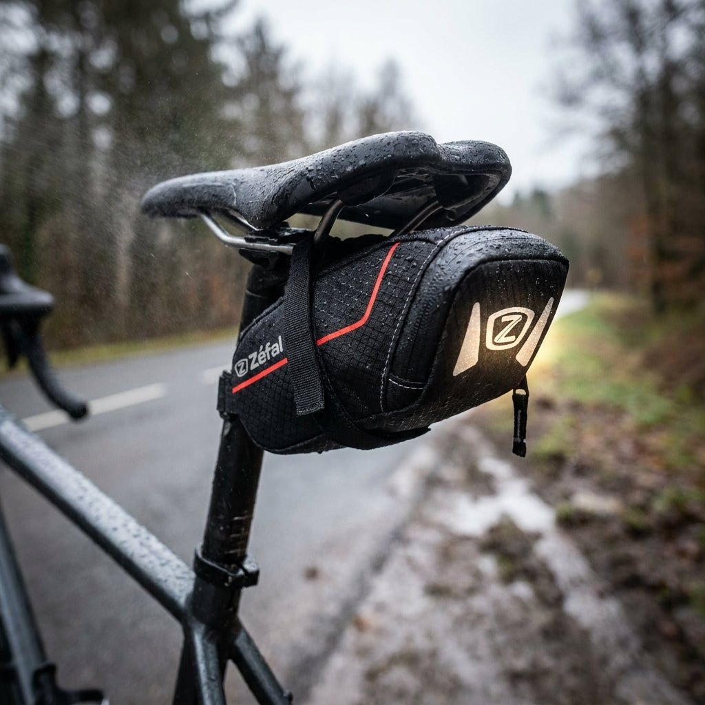 Zefal Satteltasche Z Light Pack S 0,4l schwarz am Fahrrad bei Regen, reflektierendes Logo leuchtet.
