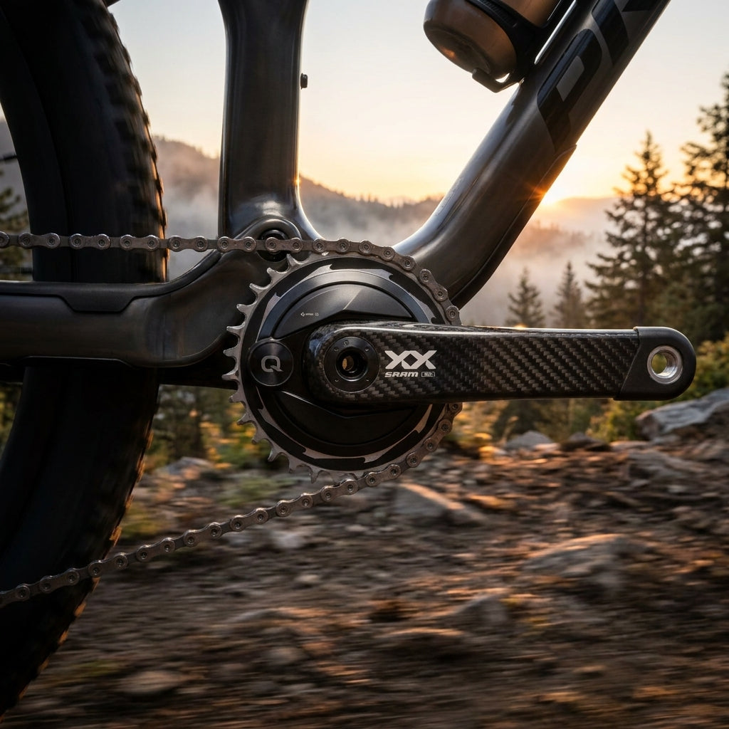 SRAM Quarq XX Eagle Kurbelgarnitur T-Type AXS mit präziser DUB-PWR Powermessung am MTB bei Sonnenuntergang.