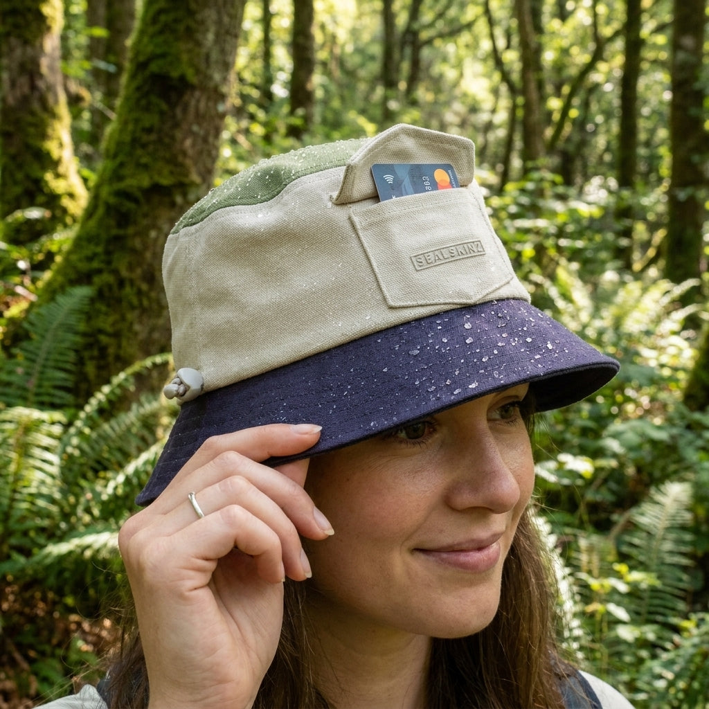 SealSkinz Lynford Fischerhut Damen. Wasserdicht, UV-Schutz, Canvas. Ideal für Outdoor, Wandern, Garten. Creme, Grün, Navy.