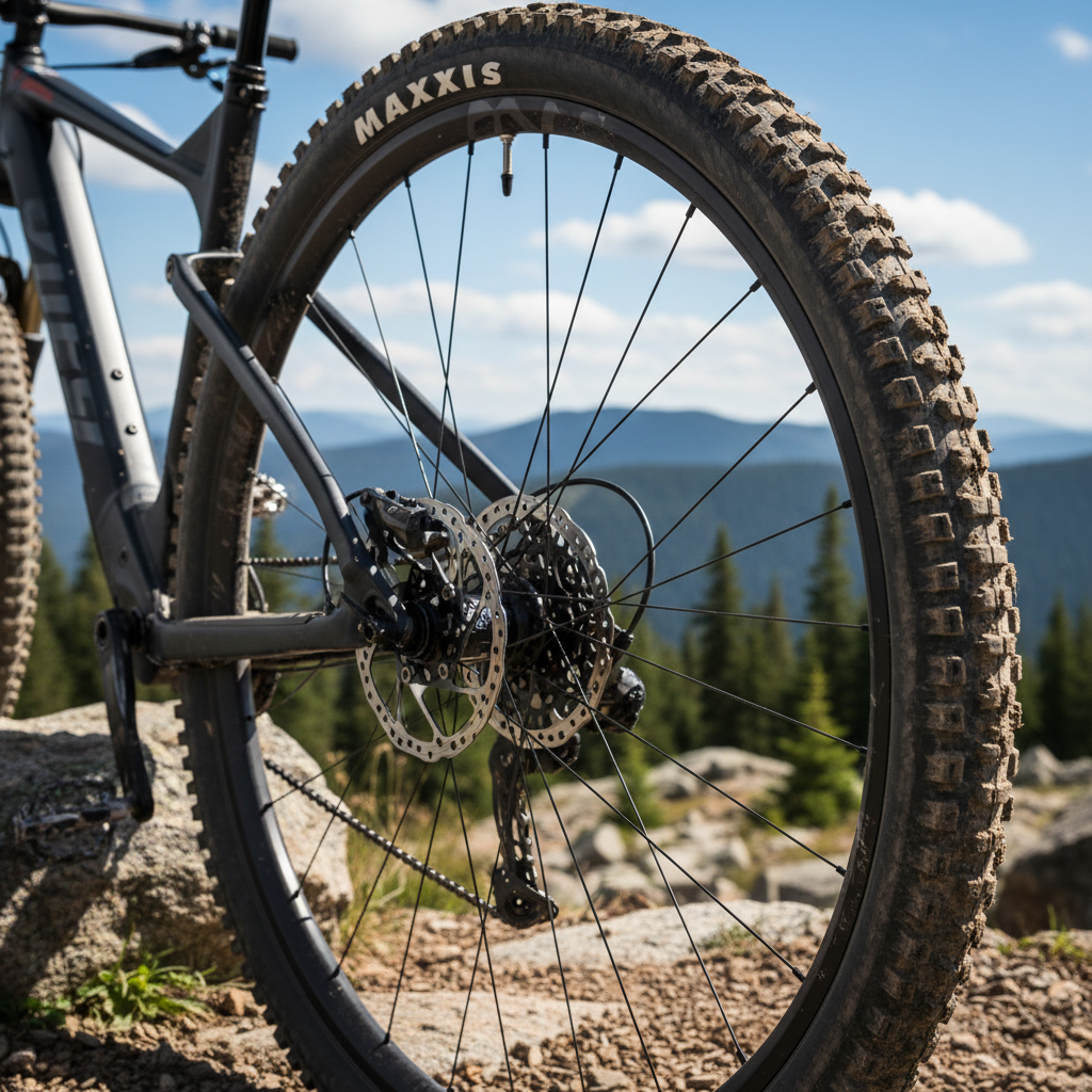 DT Swiss Alpine III Speiche schwarz, robust für E-Bike & Tandem, im MTB-Hinterrad in Berglandschaft.