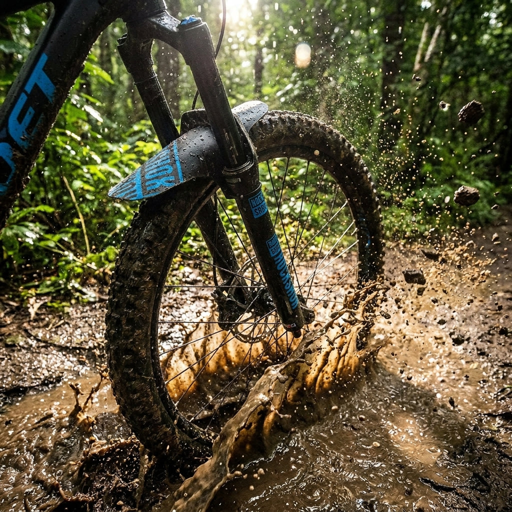 Rockshox VR-Steckblech Fender schwarz blau glänzend am Mountainbike-Vorderrad spritzt durch Schlamm.