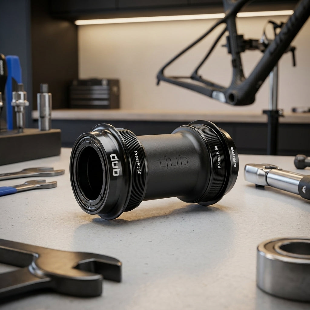 SRAM DUB PressFit 30 Innenlager 68/73mm auf Werkbank, umgeben von Werkzeugen und Fahrradrahmen.