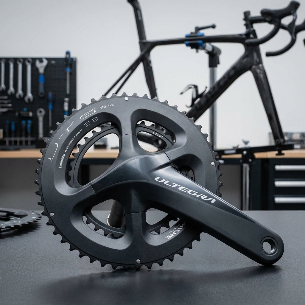 Miche Kettenblatt UTG S8 38Z 11fach für Shimano Ultegra 8000 Kurbel im Werkstattambiente.