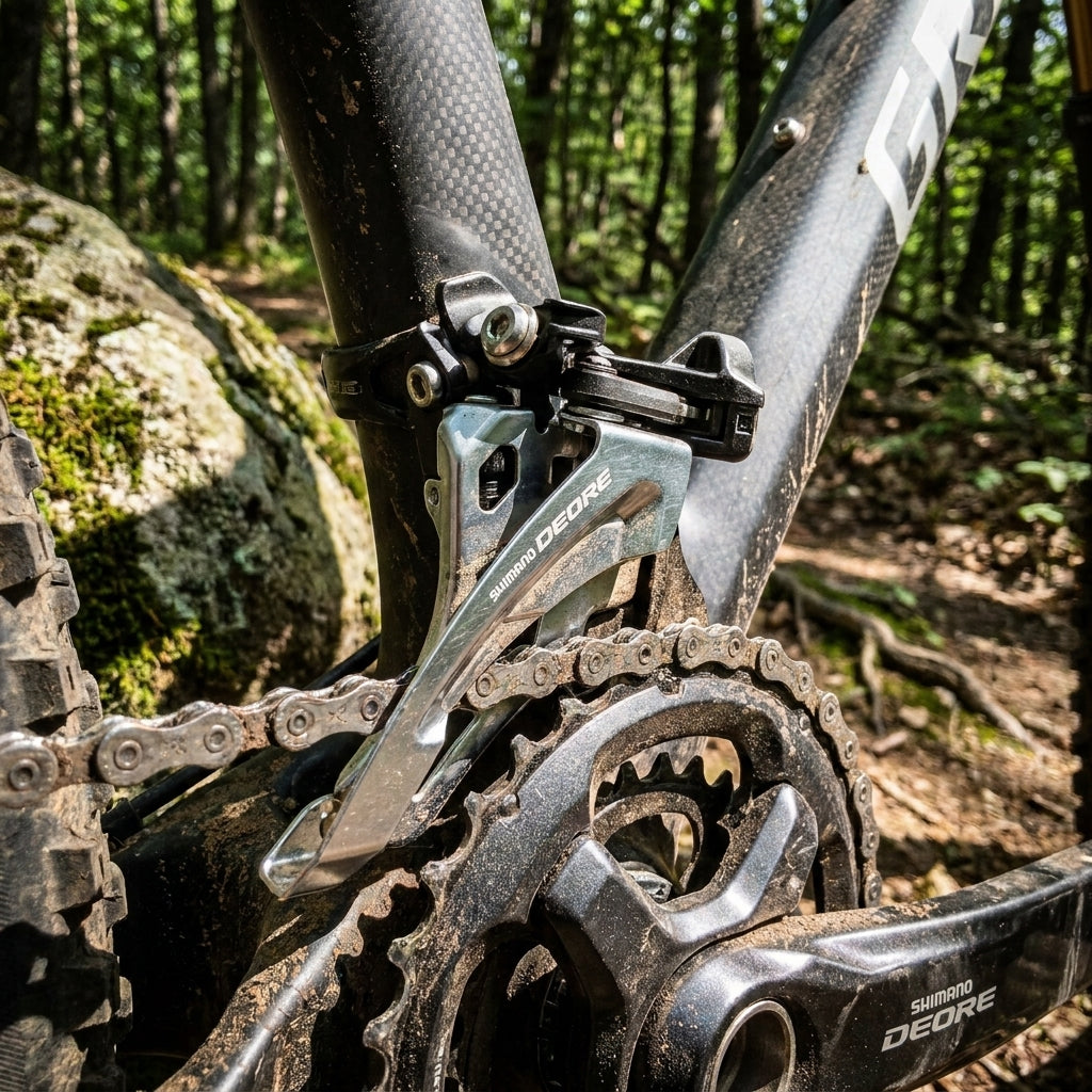 Shimano Deore FD-M6000 Side-Swing E-Type 3x10 Umwerfer am schlammigen Mountainbike. Für präzise Frontschalt-Performance.