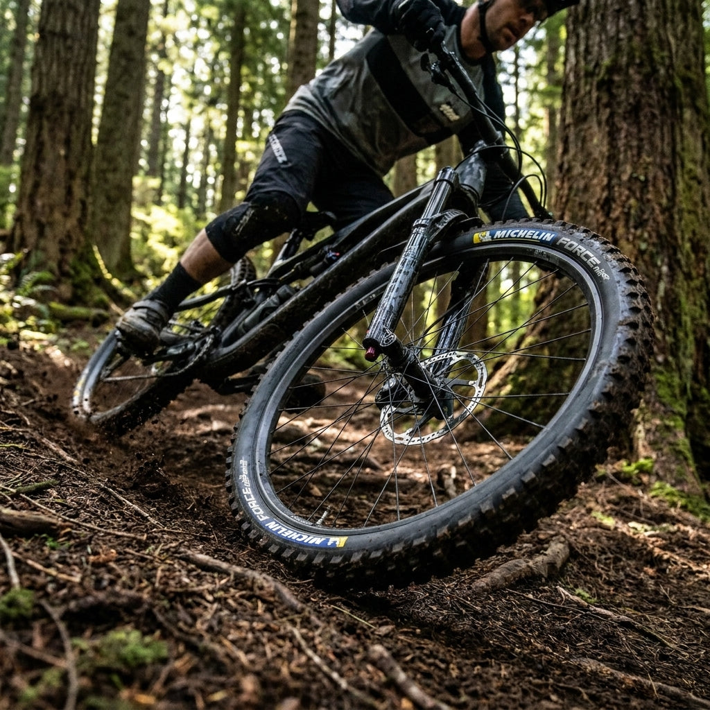 Michelin Reifen Force AM2 27.5x2.40 schwarz am Mountainbike im Wald auf dem Trail beim Fahren.