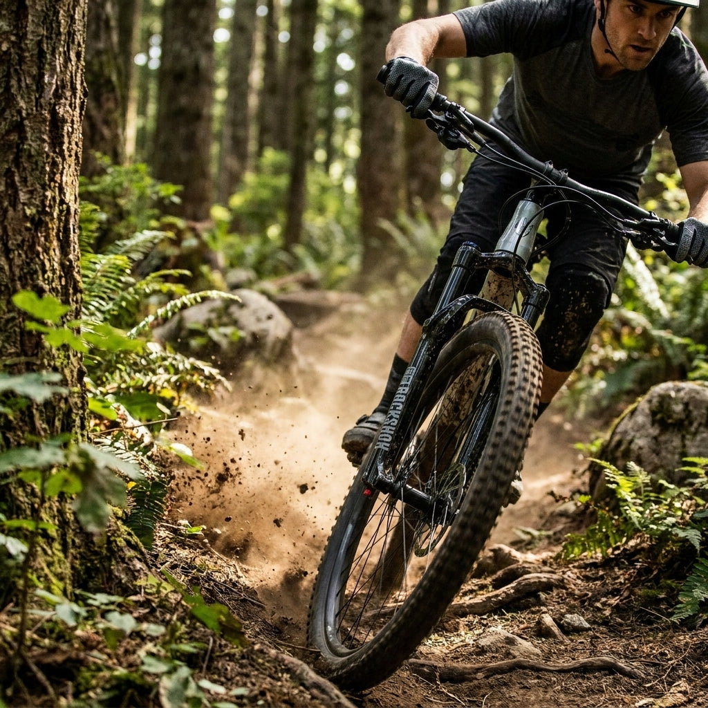 RockShox Recon Silver RL Federgabel 29 Zoll schwarz am Mountainbike in Aktion, Staub aufwirbelnd auf dem Trail.