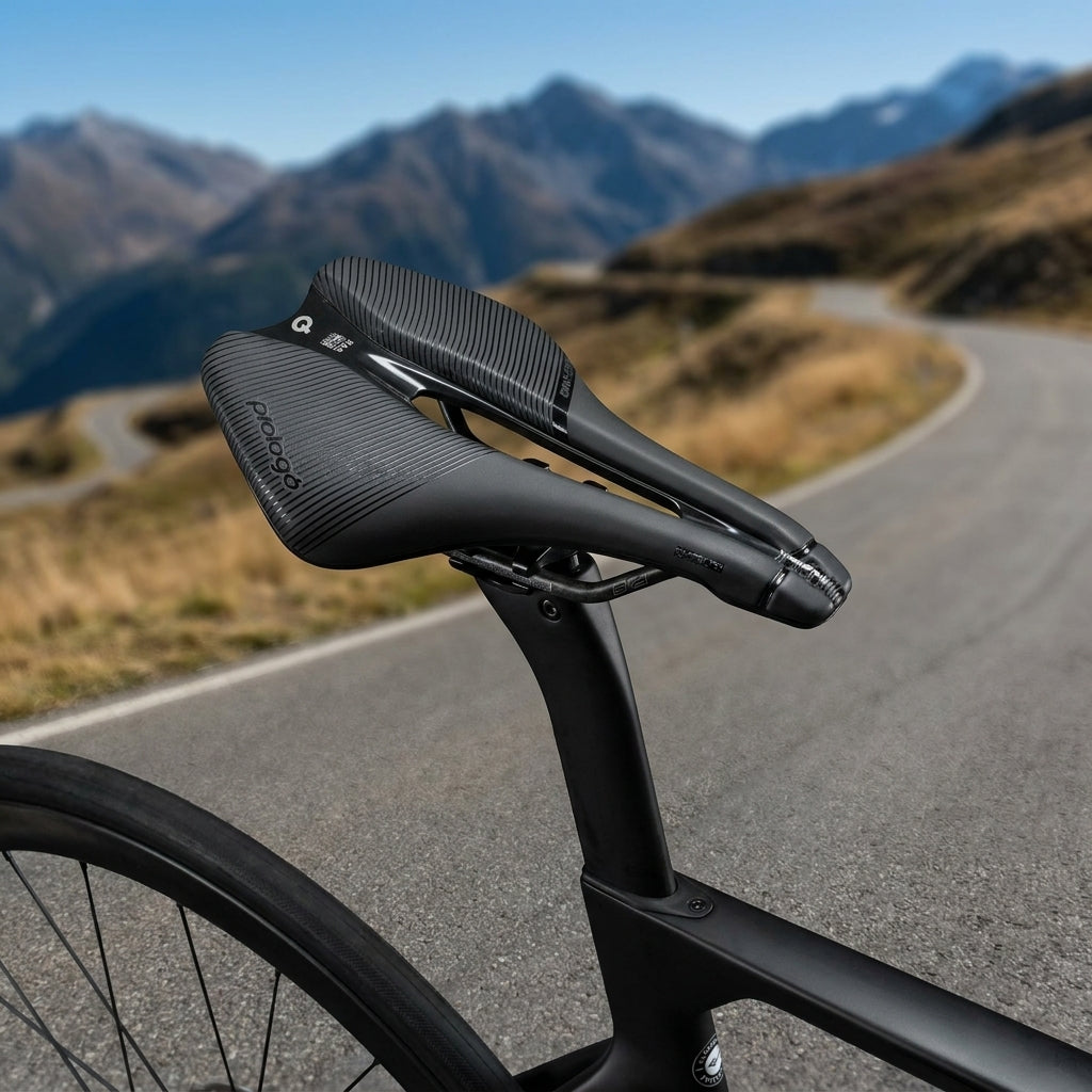Prologo Dimension Space 153 T 4.0 Fahrradsattel schwarz auf Rennrad vor Gebirgsstraße.