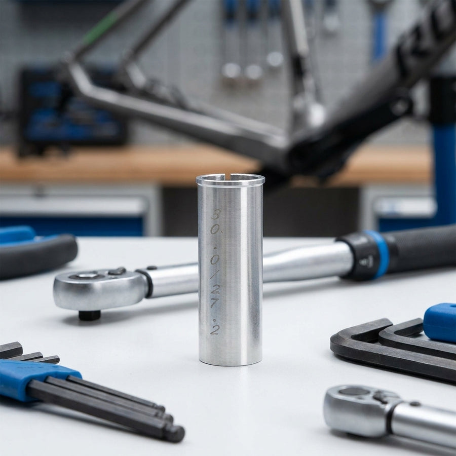 XLC Kalibrierbuchse SP-X20 Ø27,2mm auf Ø29,8/30,0mm, 80mm, mit Fahrradwerkzeug im Hintergrund.