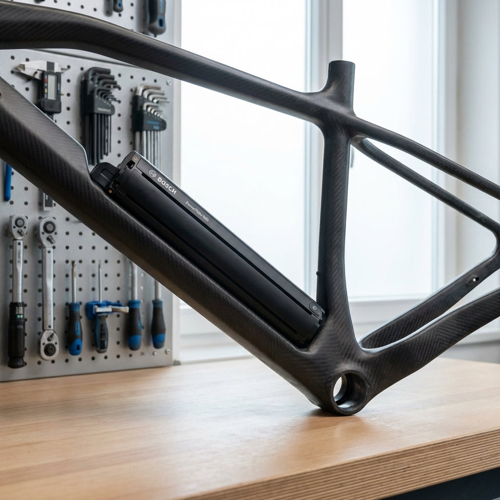 Bosch PowerTube 500 horizontal in Carbon E-Bike-Rahmen integriert.