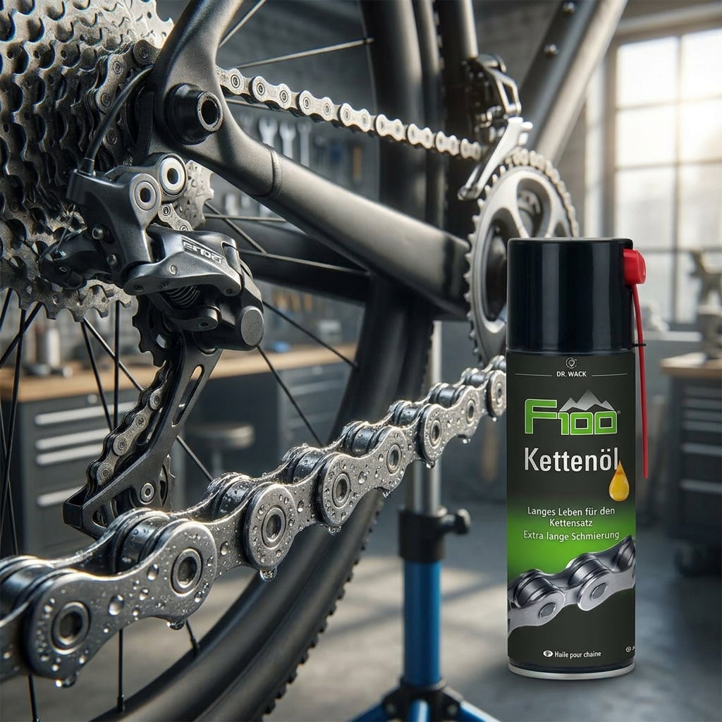 DR WACK F100 Kettenöl: Premium Fahrradpflege für extreme Leichtgängigkeit, schützt Kette, Federgabel, Dämpfer vor Verschleiß.