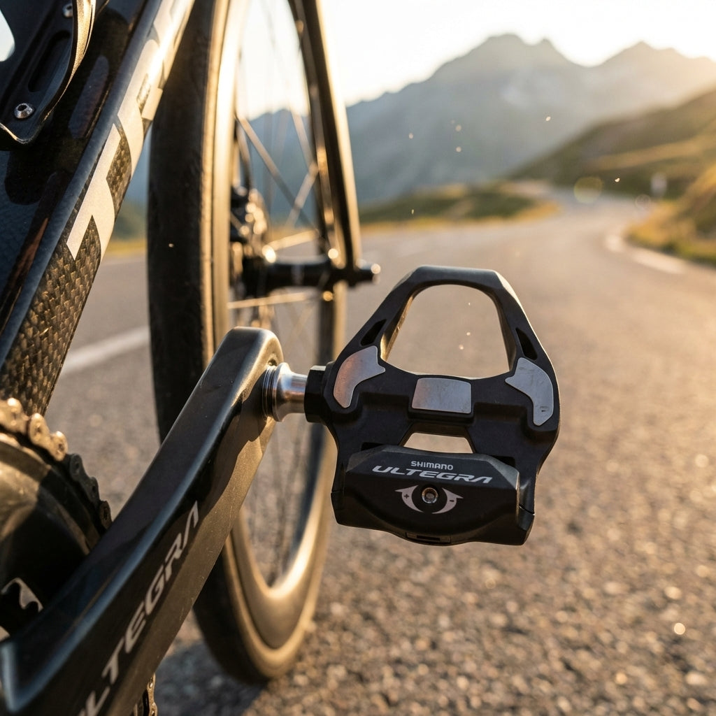 SHIMANO ULTEGRA PD-R8000 SPD-SL Rennradpedal schwarz am Bike auf Bergstraße, 4mm Achsverlängerung.
