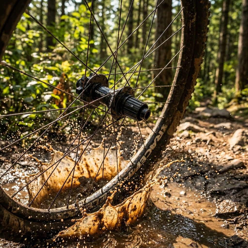 Robuste Race Face Trace Performance-Nabe am Mountainbike spritzt durch Schlamm im Wald.