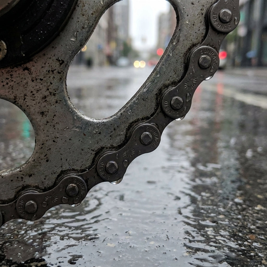 Sunrace Kette CNS10 dacromet antirost auf nassem Fahrrad im Regen mit Wassertropfen.
