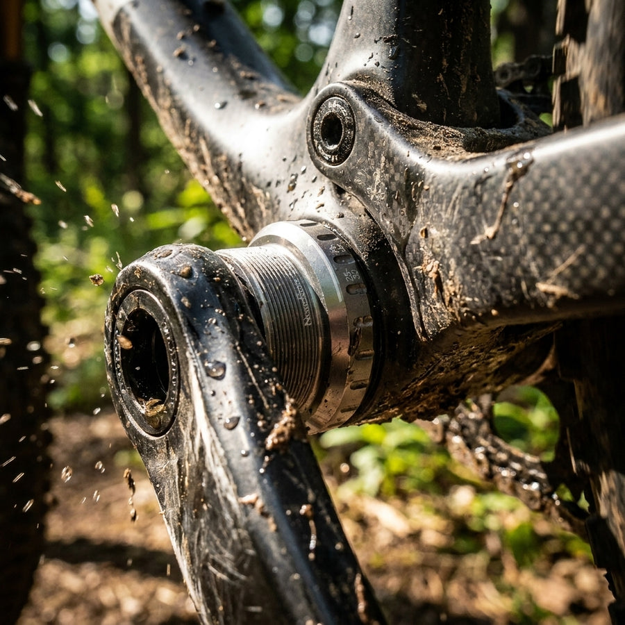 Truvativ GXP Team Innenlager 68/73 mm an schlammigem Mountainbike, Carbonrahmen, Wasserspritzer.
