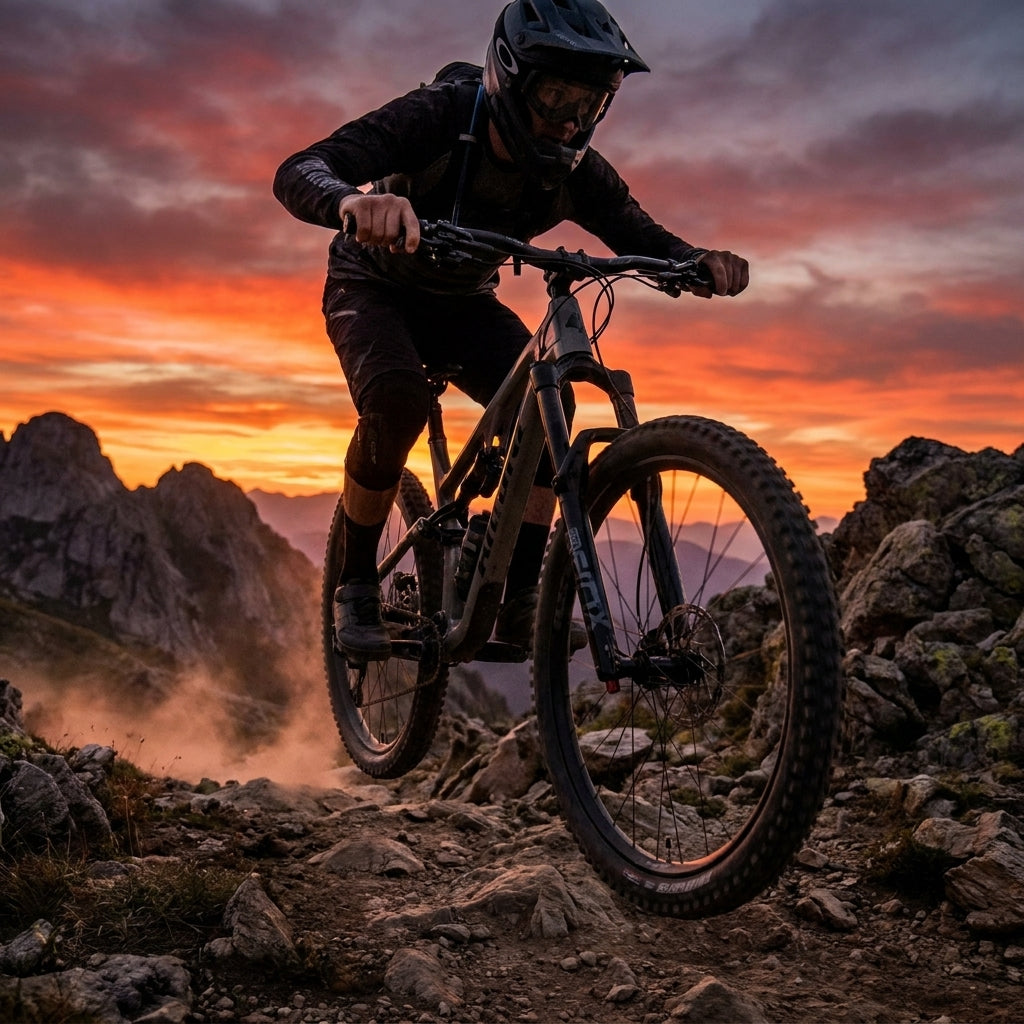 RockShox Yari B2+ Gabeldämpfer 29" am Scott Mountainbike auf Felsweg bei Sonnenuntergang.
