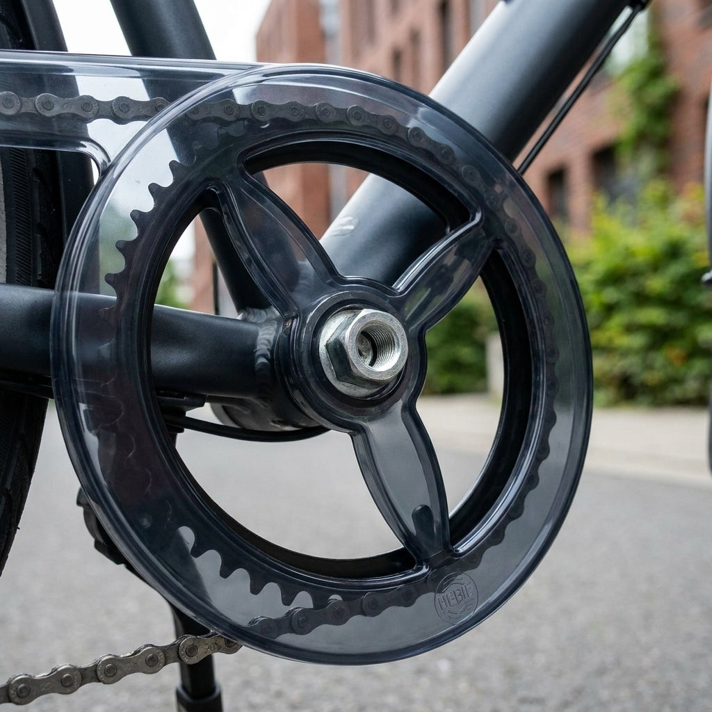 Grauer, transparenter Hebie Kettenring 324 Kettenschutz für 42-44 Zähne am Fahrrad.