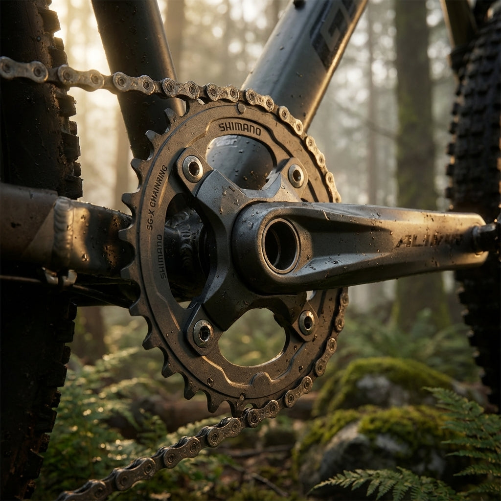 SHIMANO ALIVIO Kettenblatt FC-M430/M431 22 Zähne an einem Mountainbike im Wald für präzise MTB-Schaltvorgänge.