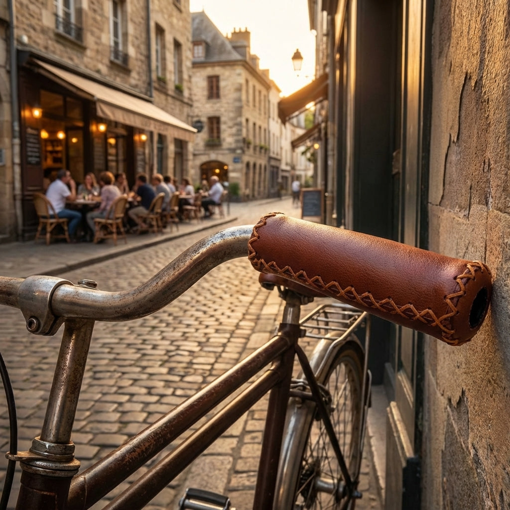 Ergonomische XLC Fahrradgriffe in brauner Lederoptik mit Ziernähten für Retro-Citybikes und hohen Fahrkomfort.