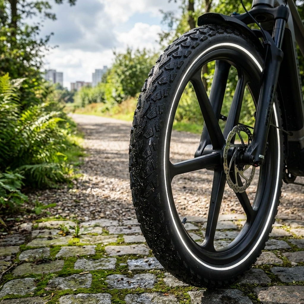 Schwalbe Land Cruiser Plus E-Bike-Reifen schwarz Reflex am Fahrrad auf Schotterweg.