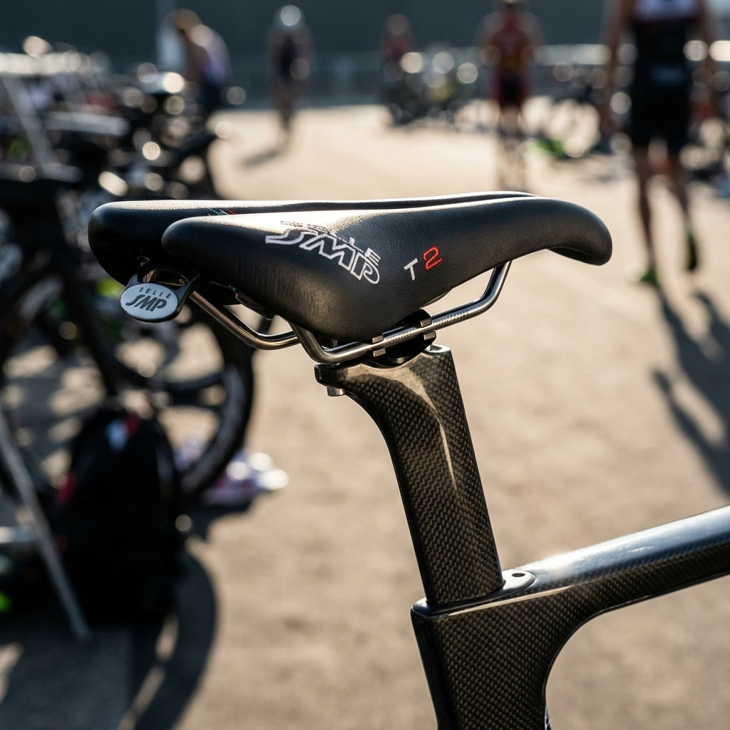 Nahaufnahme des schwarzen Selle SMP Triathlon T2 Sattels (260x156mm) auf einem Carbon-Rennrad.
