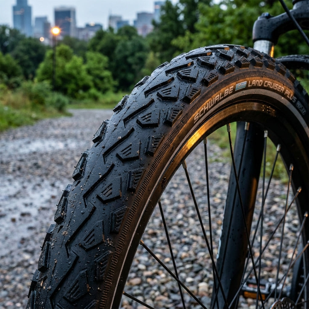Schwalbe Land Cruiser Plus Fahrradreifen 28x1.40" schwarz Reflex, E-25, auf nassem Schotterweg mit Stadtblick.