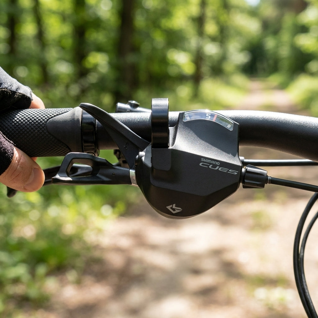 SHIMANO CUES SL-U6000 10-fach Schalthebel am Fahrradlenker, von Hand gehalten auf Waldweg.