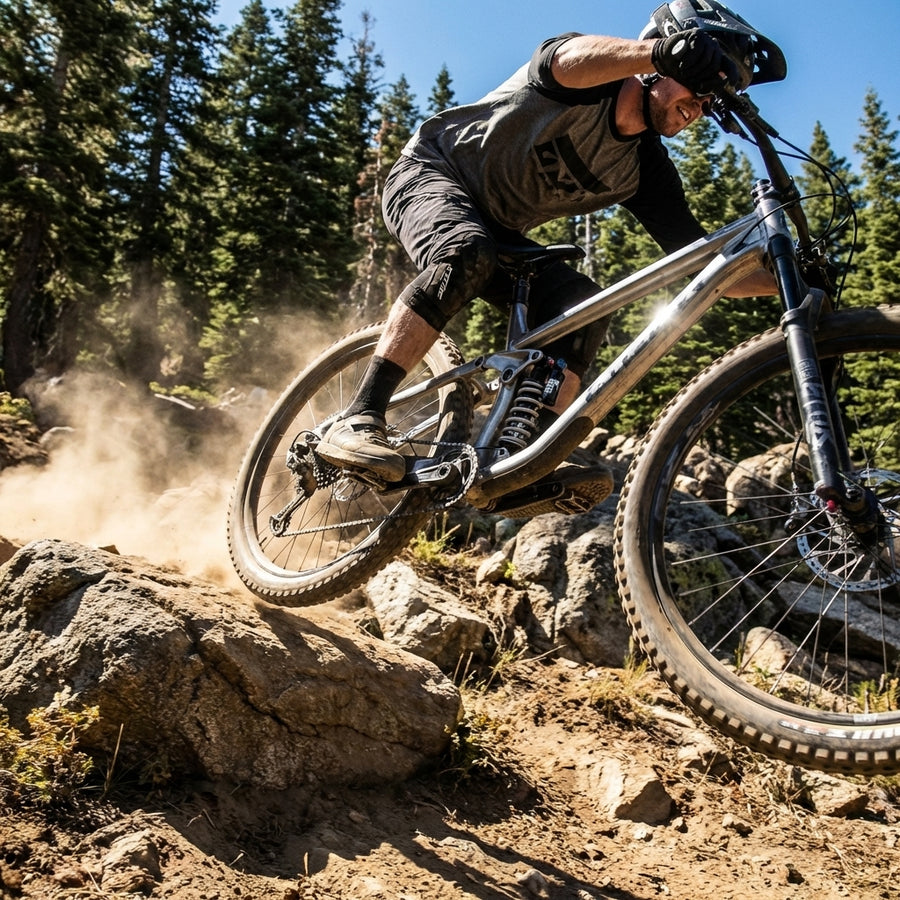 Mountainbiker in Aktion mit RockShox Feder Vivid/Kage 600LB auf felsigem Trail.