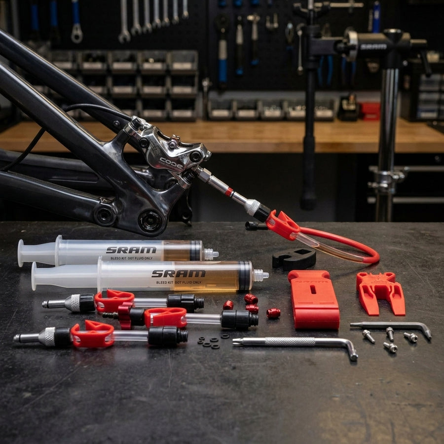 SRAM Scheibenbremsen Entlüftungs-Kit Standard V2 mit Bremszange, gefüllten Spritzen und Montagewerkzeug auf Werkbank.