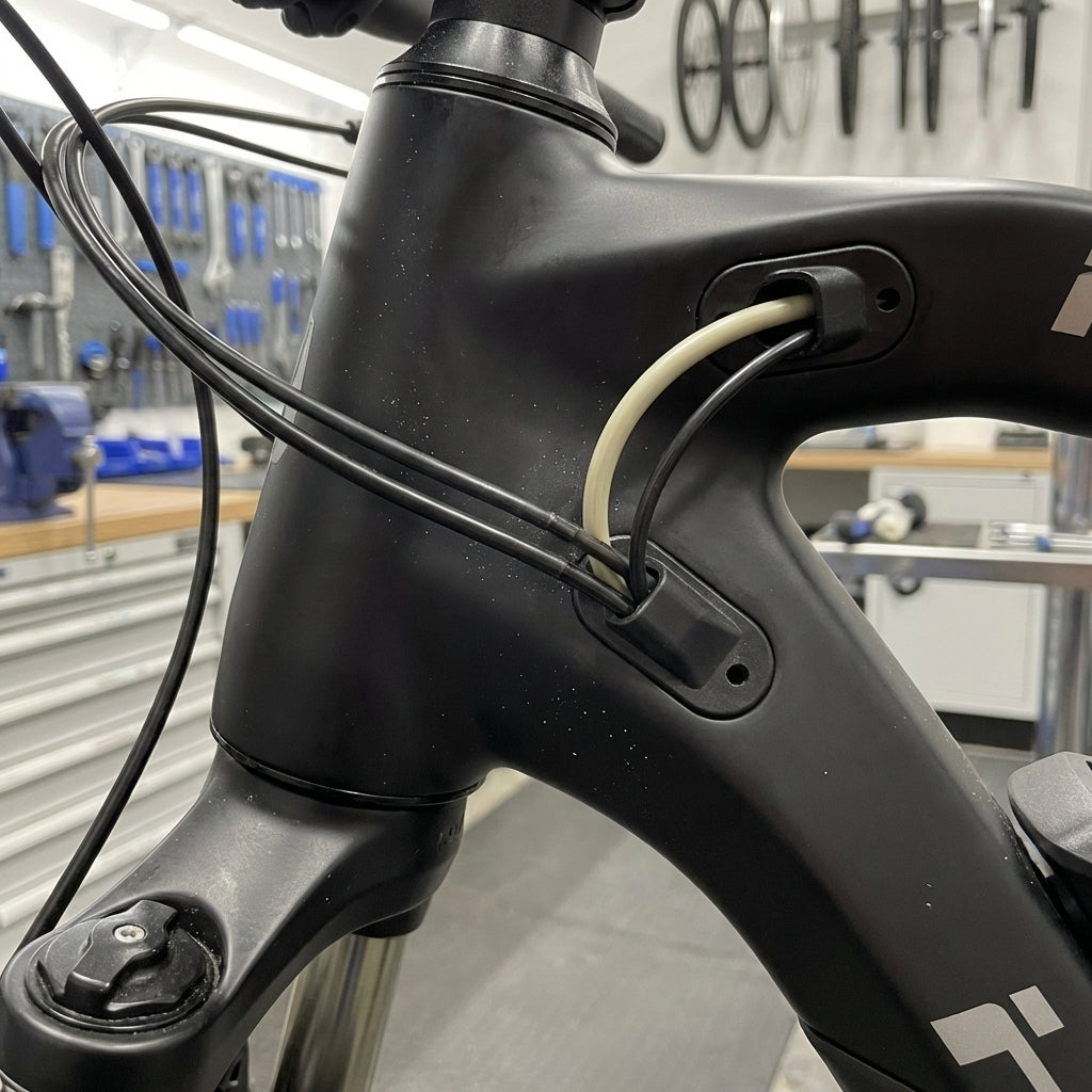 Haibike Kabeleingang (4+5+2x2,4mm) für Licht, Display, Bremssignal am schwarzen Fahrradrahmen.
