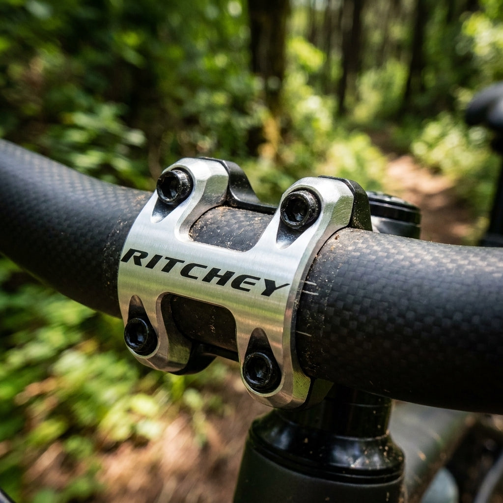 Ritchey WCS Trail Vorbaulenkerkappe an 31,8mm Lenker im Wald. Leicht, robust, MTB-tauglich für maximale Stabilität.