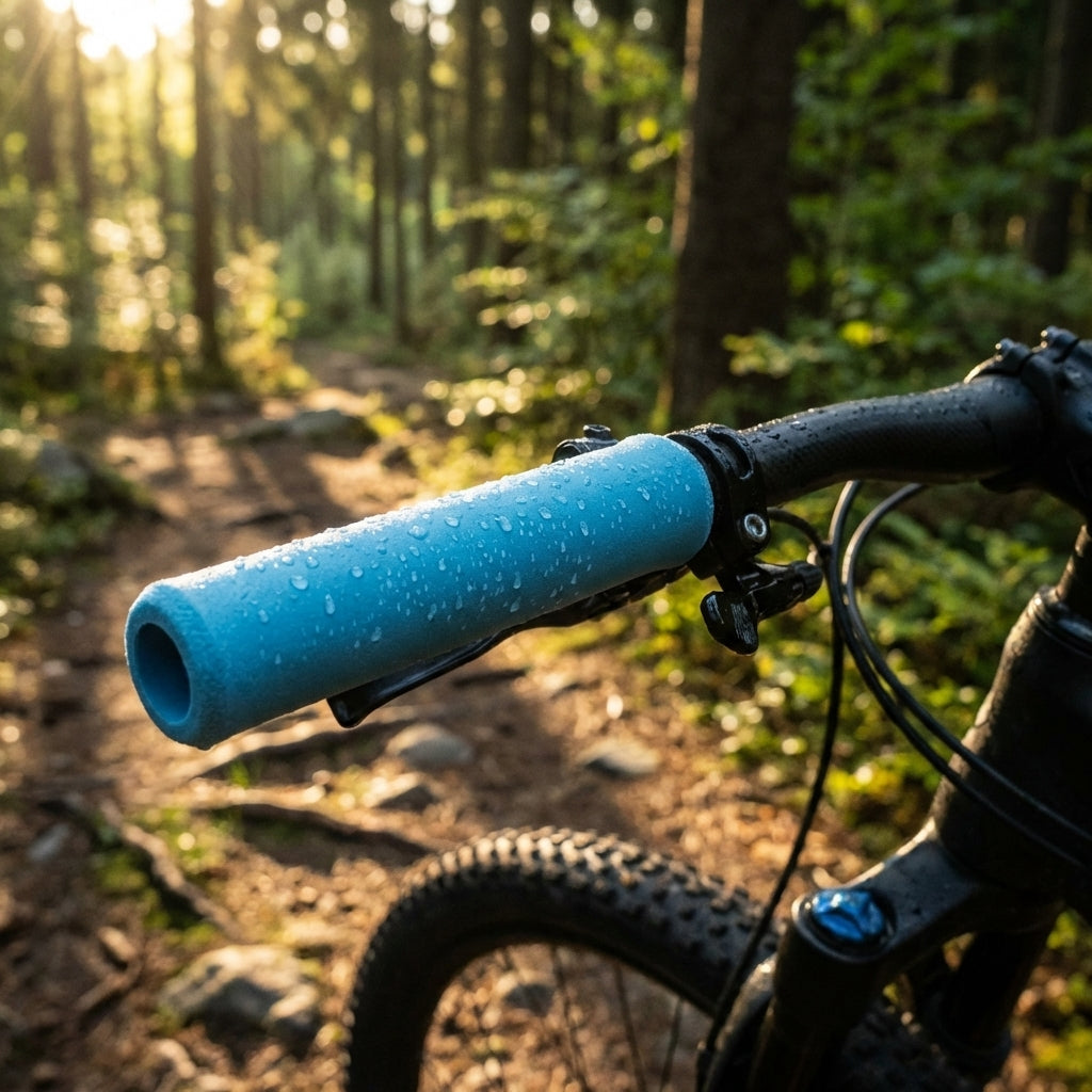 XLC Griffe Silikon GR-S31 cyan am Mountainbike-Lenker, mit Wassertropfen auf sonnigem Waldweg.