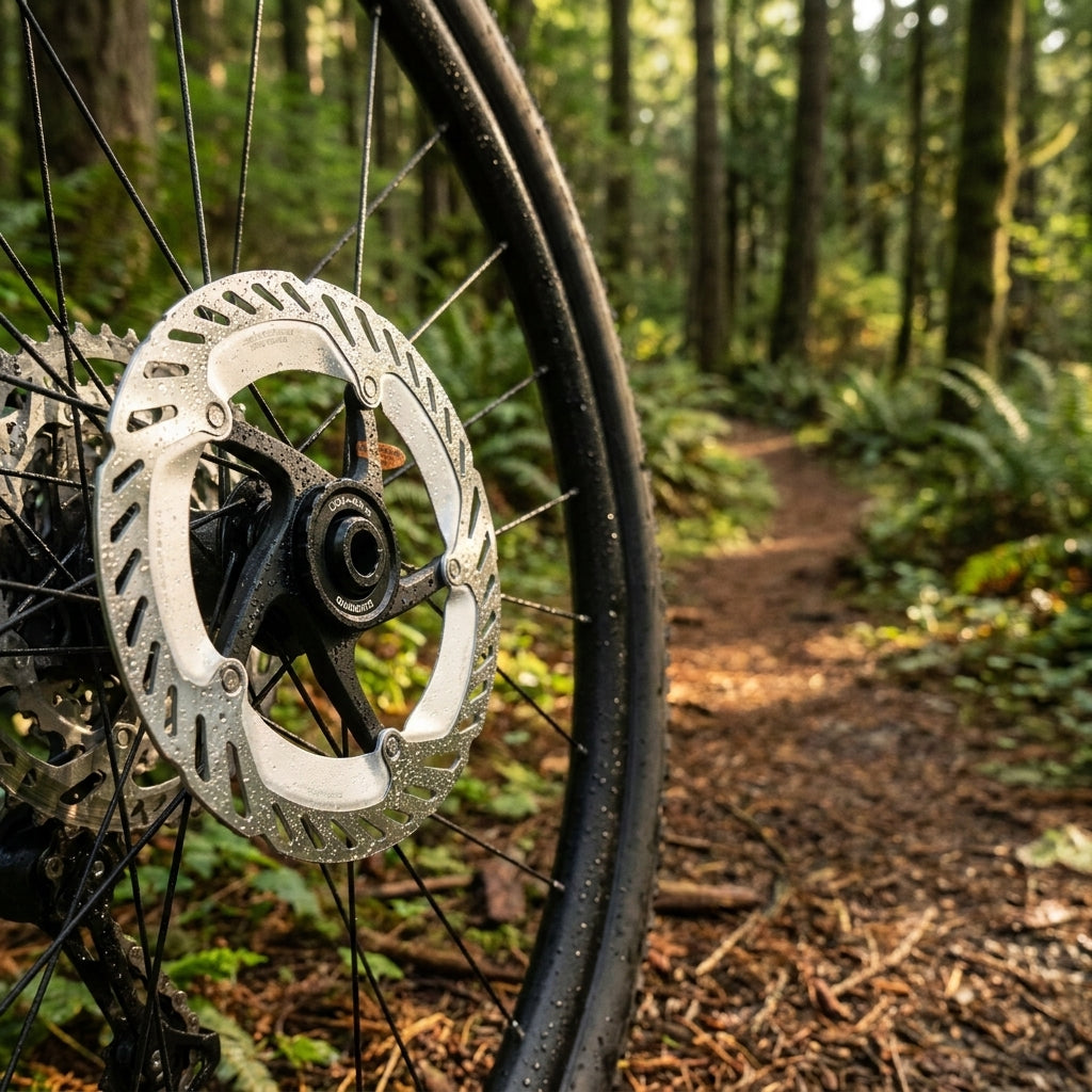 Nasse SHIMANO Bremsscheibe RT-CL800M 180mm am Mountainbike auf dem Trail im Wald.