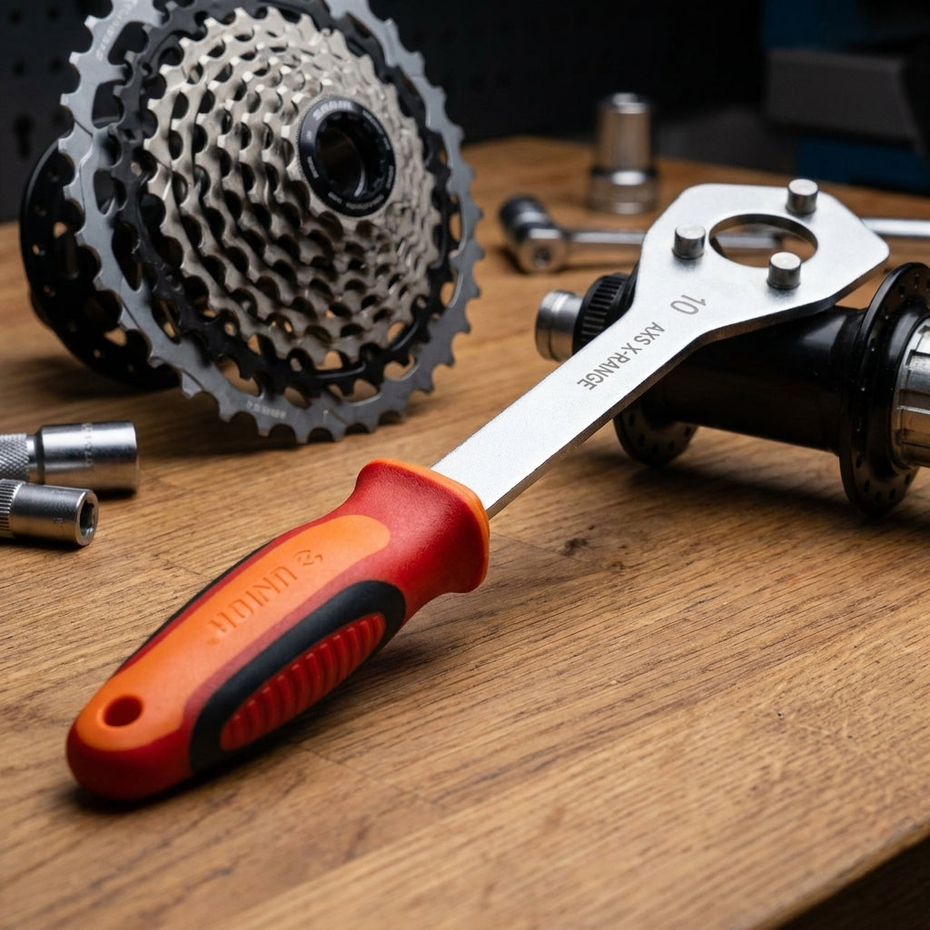 Unior Kassettenschlüssel rot für Sram AXS X-Range, Fahrradwerkzeug auf Holztisch mit Kassette.