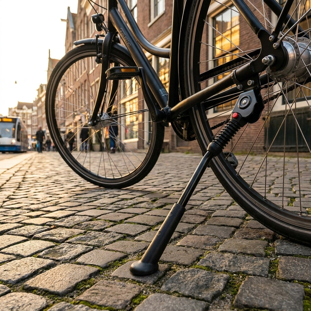 Hebie LEX M Mittelbauständer schwarz verstellbar am Fahrrad auf Kopfsteinpflaster.