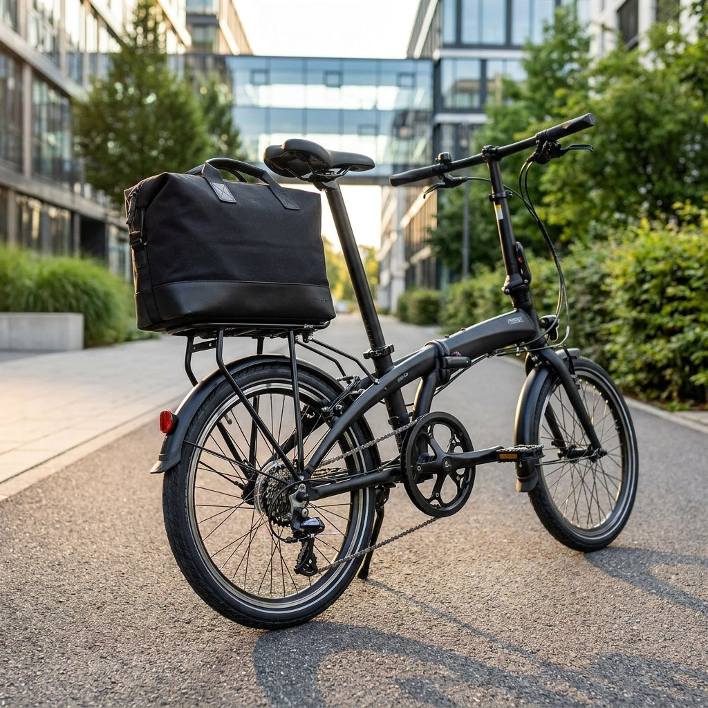 racktime BASIC 2.0 20 Zoll Gepäckträger schwarz mit Federklappe an schwarzem Faltrad.