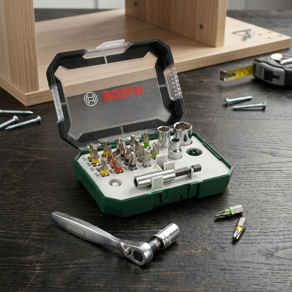 Bosch Mini Schrauberbit- und Ratschen-Set 26-tlg. Farbcodierte Bits für Heimwerker und Profis. Kompaktes, vielseitiges Werkzeugset.